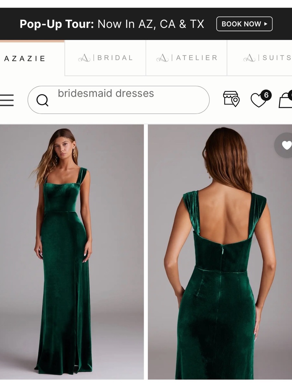 Azazie Emerald Green Velvet Backless Square-Neck Gown